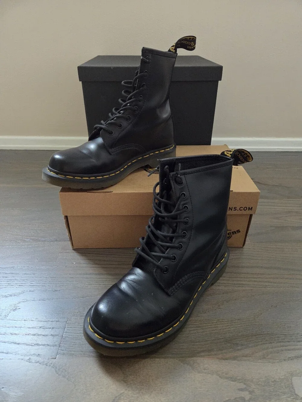Dr. Martens Black Leather Lace-Up Combat Boots with Yellow Stitching - Picture 1 of 13